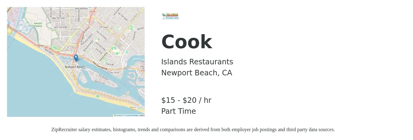 Islands Restaurants job posting for a Cook in Newport Beach, CA with a salary of $16 to $21 Hourly with a map of Newport Beach location.