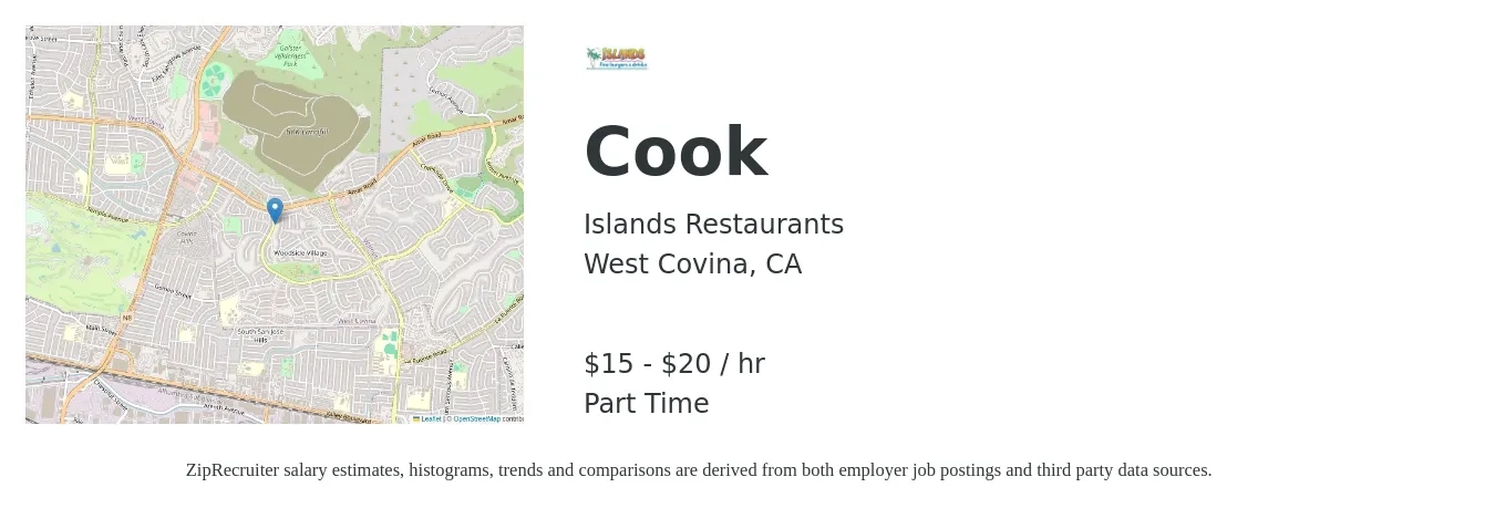Islands Restaurants job posting for a Cook in West Covina, CA with a salary of $16 to $21 Hourly with a map of West Covina location.