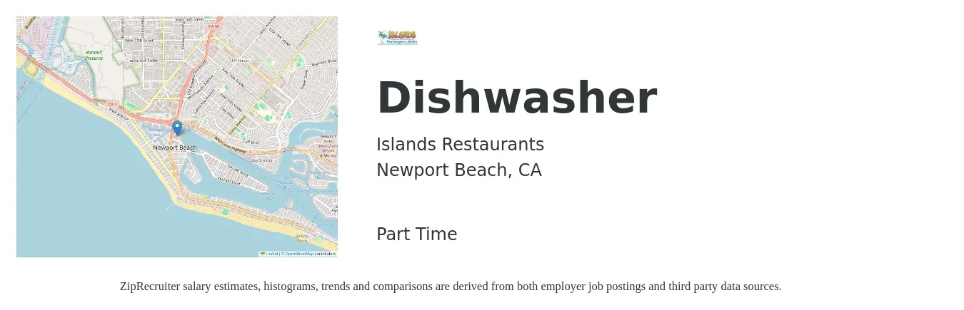Islands Restaurants job posting for a Dishwasher in Newport Beach, CA with a salary of $14 to $18 Hourly with a map of Newport Beach location.