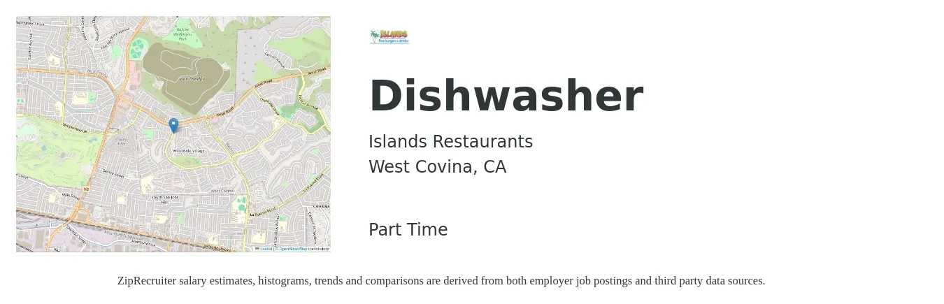 Islands Restaurants job posting for a Dishwasher in West Covina, CA with a salary of $14 to $18 Hourly with a map of West Covina location.
