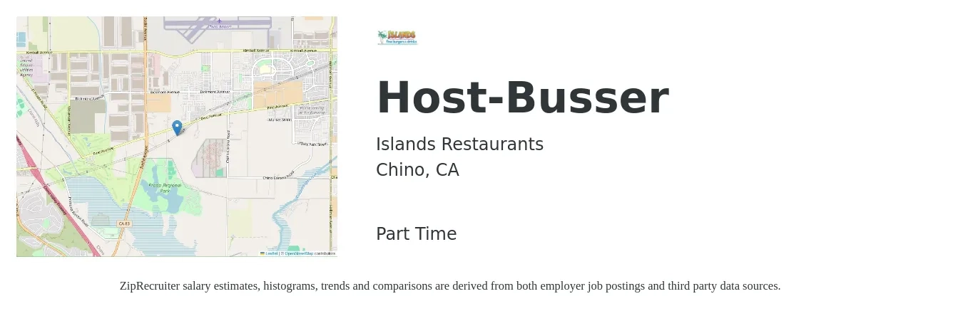 Islands Restaurants job posting for a Host-Busser in Chino, CA with a salary of $11 to $16 Hourly with a map of Chino location.