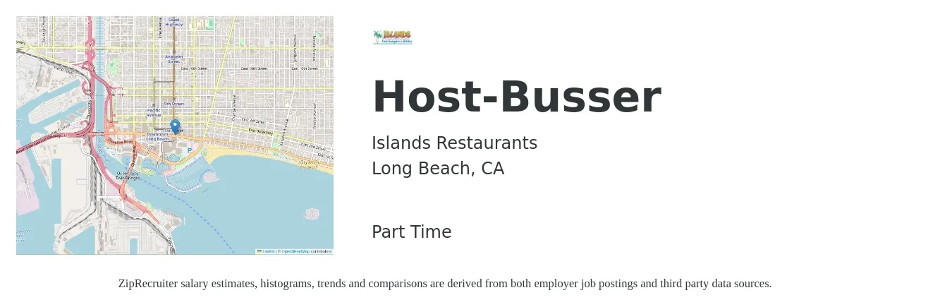 Islands Restaurants job posting for a Host-Busser in Long Beach, CA with a salary of $12 to $17 Hourly with a map of Long Beach location.