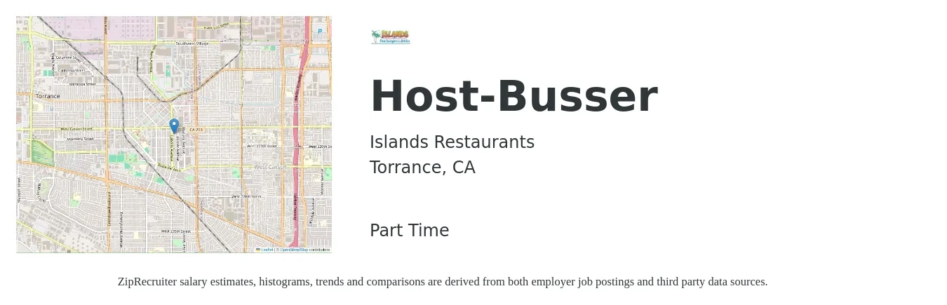 Islands Restaurants job posting for a Host-Busser in Torrance, CA with a salary of $11 to $16 Hourly with a map of Torrance location.
