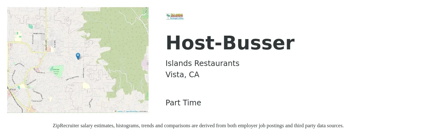 Islands Restaurants job posting for a Host-Busser in Vista, CA with a salary of $11 to $16 Hourly with a map of Vista location.