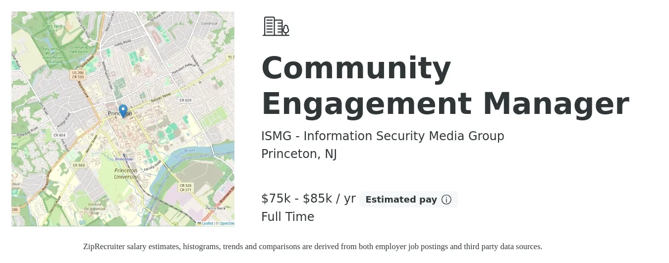 ISMG - Information Security Media Group job posting for a Community Engagement Manager in Princeton, NJ with a salary of $75,000 to $85,000 Yearly with a map of Princeton location.