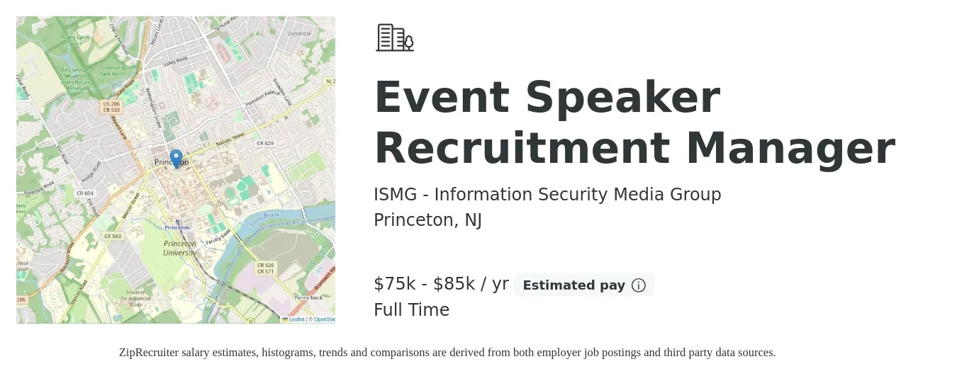 ISMG - Information Security Media Group job posting for a Event Speaker Recruitment Manager in Princeton, NJ with a salary of $75,000 to $85,000 Yearly with a map of Princeton location.