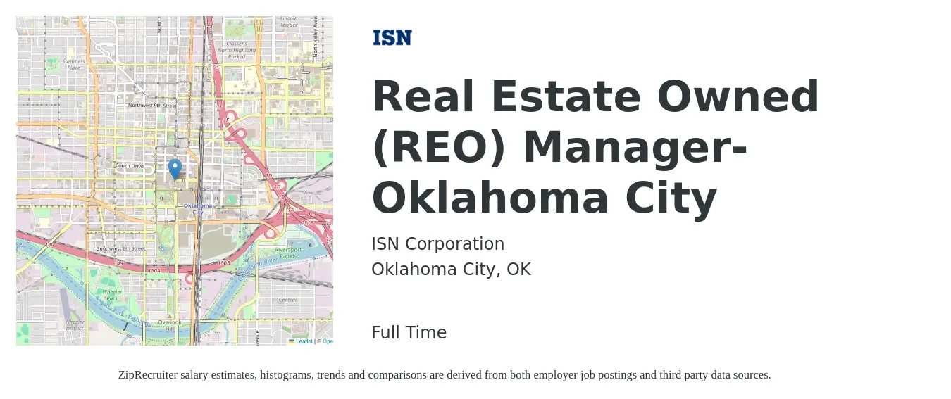 ISN Corporation job posting for a Real Estate Owned (REO) Manager- Oklahoma City in Oklahoma City, OK with a salary of $55,000 to $92,500 Yearly with a map of Oklahoma City location.