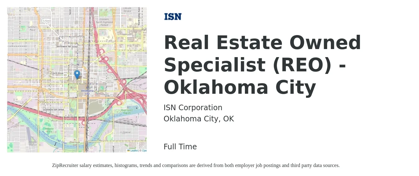 ISN Corporation job posting for a Real Estate Owned Specialist (REO) - Oklahoma City in Oklahoma City, OK with a salary of $56,400 to $92,500 Yearly with a map of Oklahoma City location.