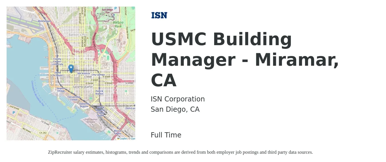ISN Corporation job posting for a USMC Building Manager - Miramar, CA in San Diego, CA with a salary of $53,100 to $107,200 Yearly with a map of San Diego location.
