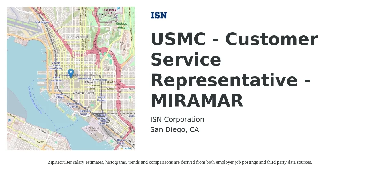 ISN Corporation job posting for a USMC - Customer Service Representative - MIRAMAR in San Diego, CA with a salary of $17 to $23 Hourly with a map of San Diego location.