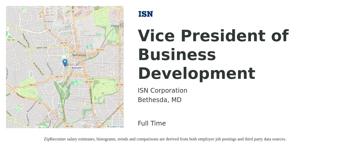 ISN Corporation job posting for a Vice President of Business Development in Bethesda, MD with a salary of $127,500 to $206,800 Yearly with a map of Bethesda location.