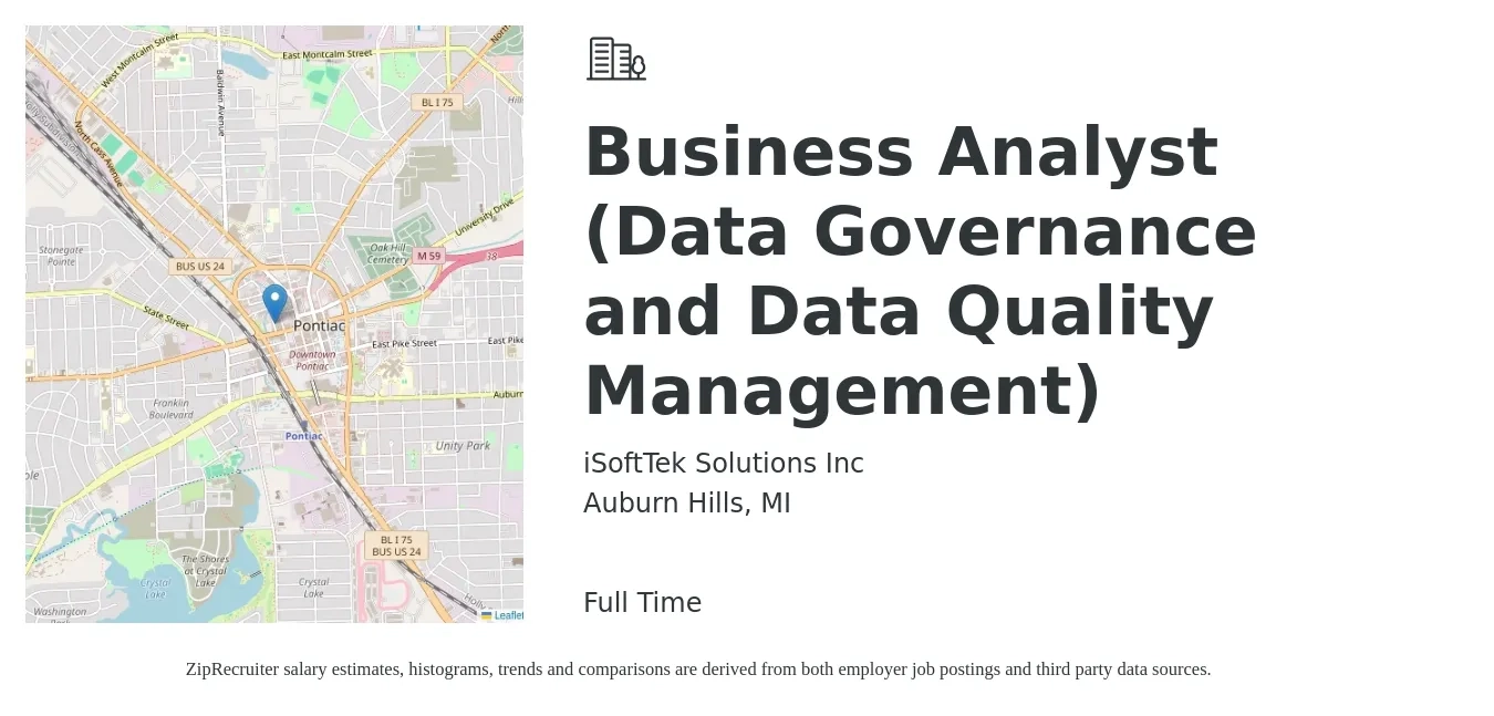 iSoftTek Solutions Inc job posting for a Business Analyst (Data Governance and Data Quality Management) in Auburn Hills, MI with a salary of $34 to $52 Hourly with a map of Auburn Hills location.