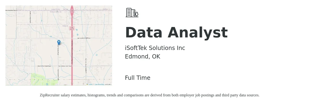 iSoftTek Solutions Inc job posting for a Data Analyst in Edmond, OK with a salary of $56,500 to $87,600 Yearly with a map of Edmond location.