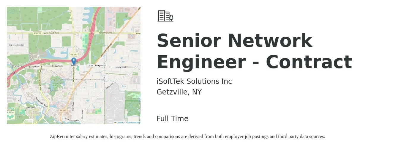 iSoftTek Solutions Inc job posting for a Senior Network Engineer - Contract in Getzville, NY with a salary of $97,700 to $133,800 Yearly with a map of Getzville location.