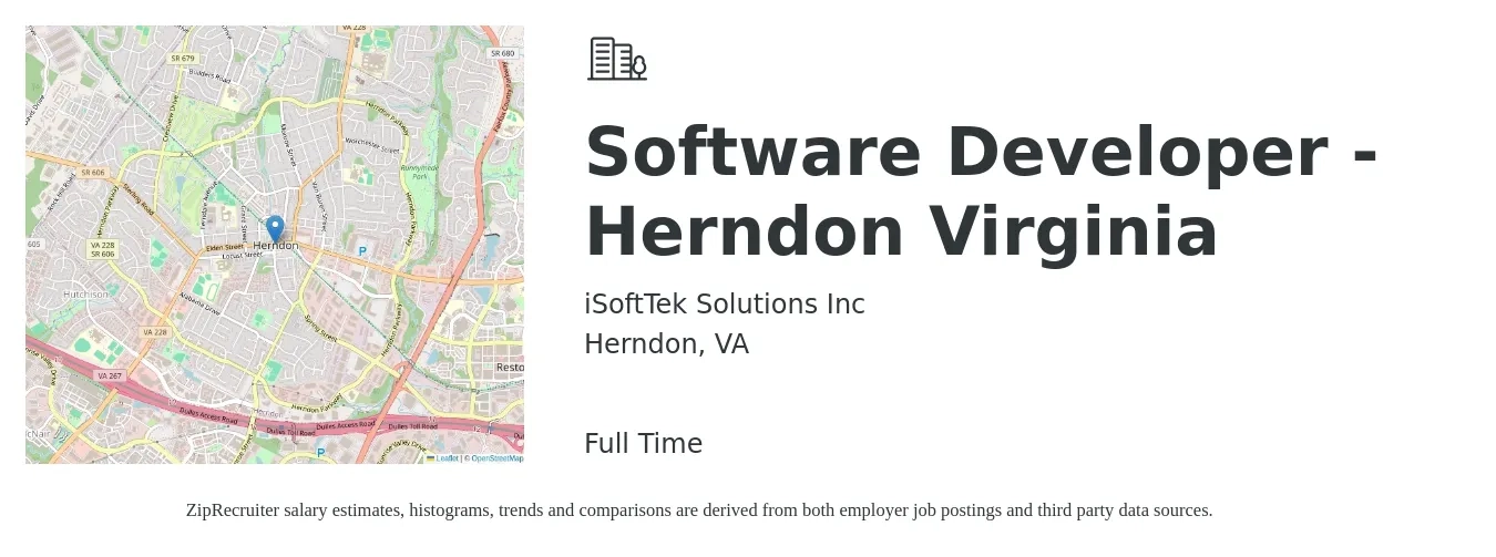 iSoftTek Solutions Inc job posting for a Software Developer - Herndon Virginia in Herndon, VA with a salary of $92,500 to $133,700 Yearly with a map of Herndon location.