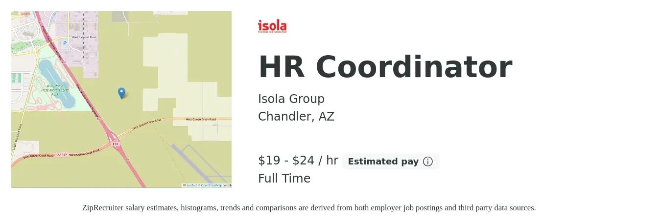 Isola Group job posting for a HR Coordinator in Chandler, AZ with a salary of $20 to $25 Hourly with a map of Chandler location.
