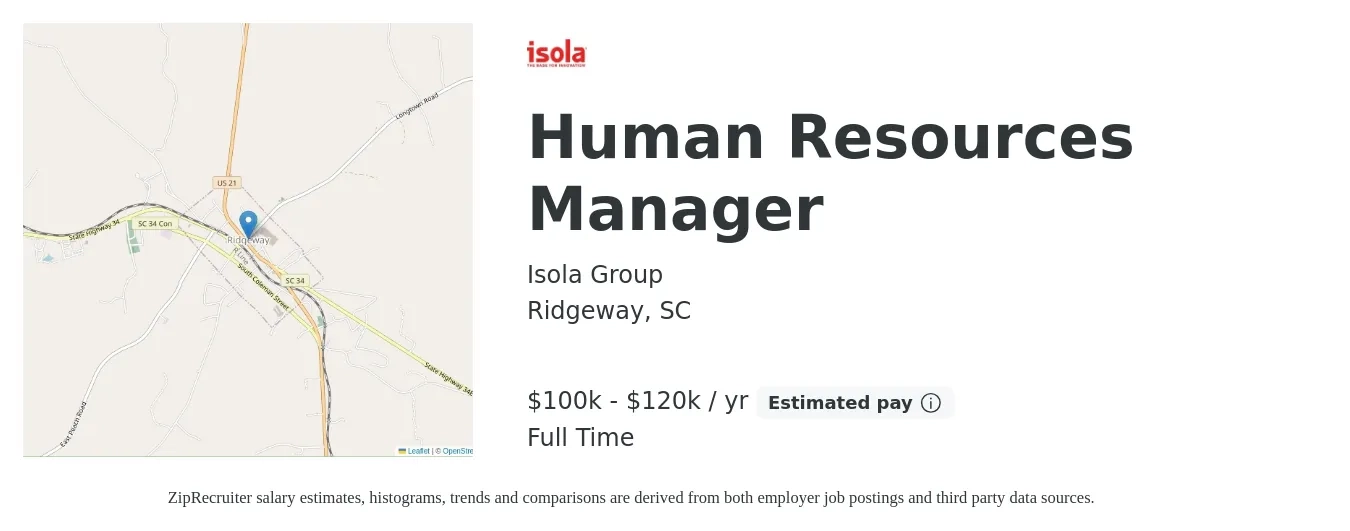 Isola Group job posting for a Human Resources Manager in Ridgeway, SC with a salary of $48 to $58 Hourly with a map of Ridgeway location.