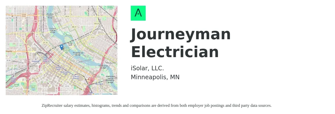iSolar, LLC. job posting for a Journeyman Electrician in Minneapolis, MN with a salary of $29 to $40 Hourly with a map of Minneapolis location.