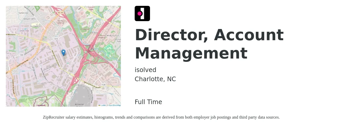 isolved job posting for a Director, Account Management in Charlotte, NC with a salary of $101,100 to $135,800 Yearly with a map of Charlotte location.