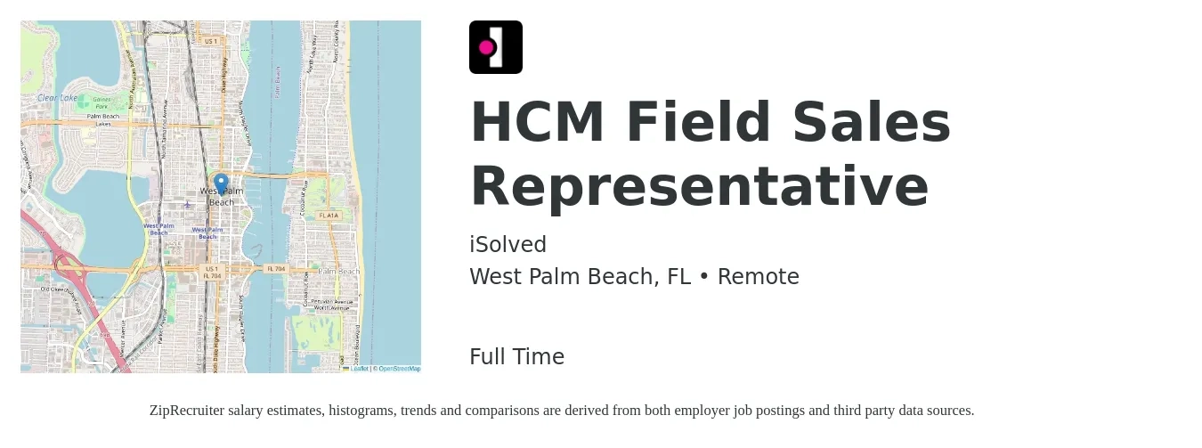 isolved job posting for a HCM Field Sales Representative in West Palm Beach, FL with a salary of $19 to $26 Hourly with a map of West Palm Beach location.