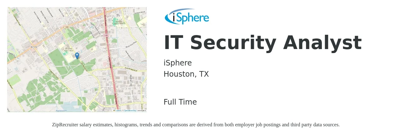 iSphere job posting for a IT Security Analyst in Houston, TX with a salary of $35 to $55 Hourly with a map of Houston location.