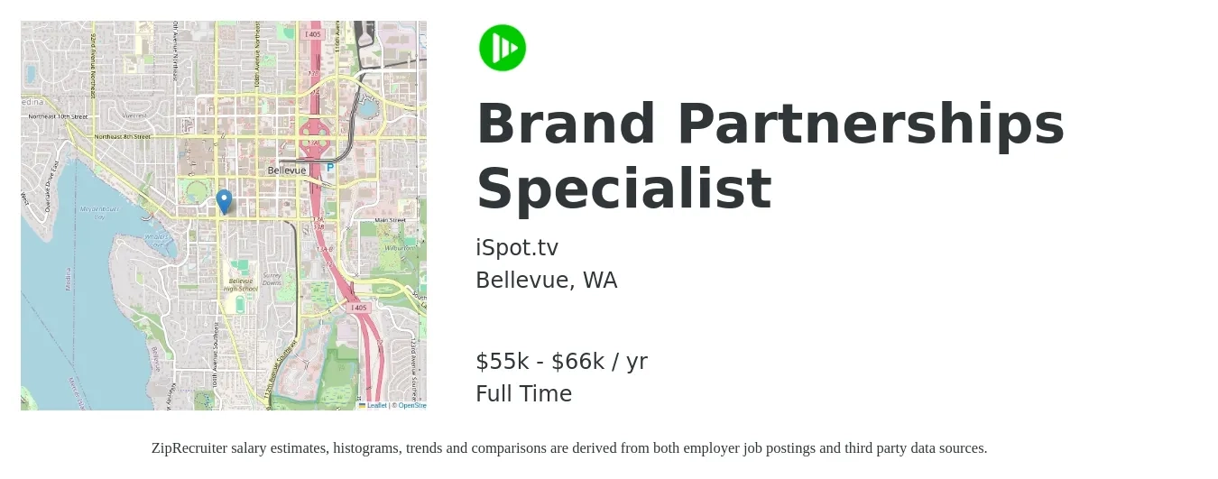 iSpot.tv job posting for a Brand Partnerships Specialist in Bellevue, WA with a salary of $55,780 to $66,660 Yearly with a map of Bellevue location.