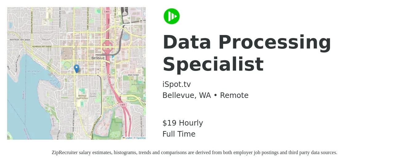 iSpot.tv job posting for a Data Processing Specialist in Bellevue, WA with a salary of $20 Hourly with a map of Bellevue location.