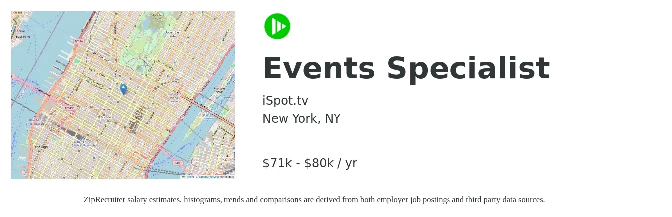 iSpot.tv job posting for a Events Specialist in New York, NY with a salary of $71,000 to $80,000 Yearly with a map of New York location.