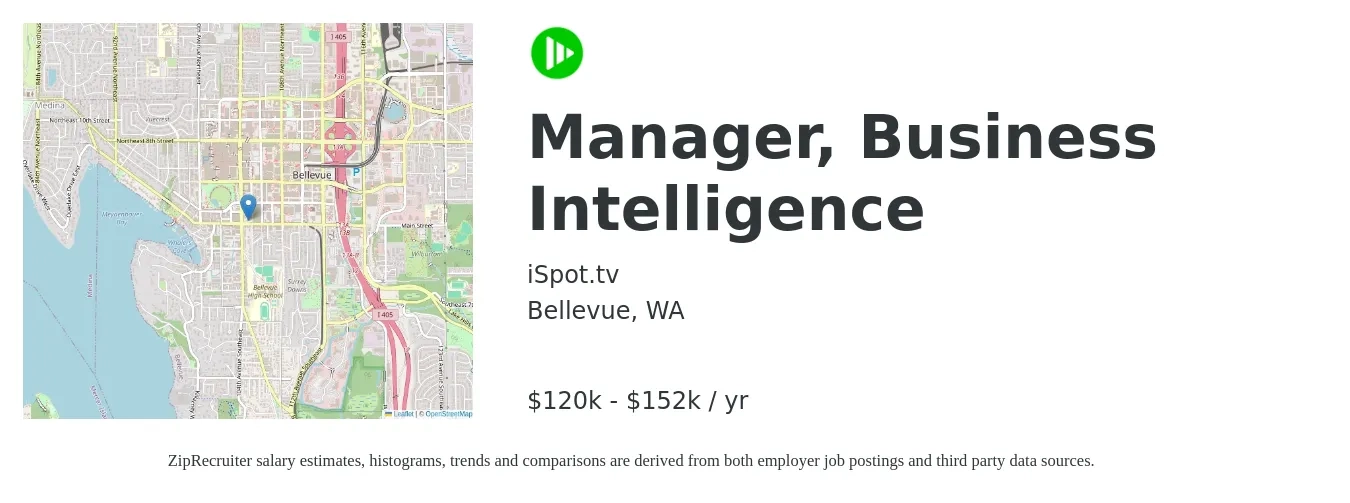 iSpot.tv job posting for a Manager, Business Intelligence in Bellevue, WA with a salary of $120,000 to $152,000 Yearly with a map of Bellevue location.