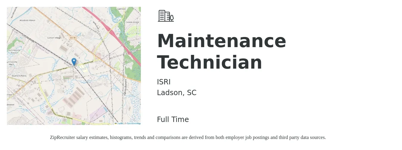 ISRI job posting for a Maintenance Technician in Ladson, SC with a salary of $19 to $26 Hourly with a map of Ladson location.