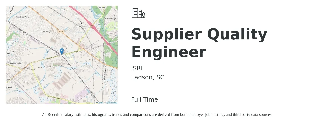 ISRI job posting for a Supplier Quality Engineer in Ladson, SC with a salary of $86,900 to $126,000 Yearly with a map of Ladson location.