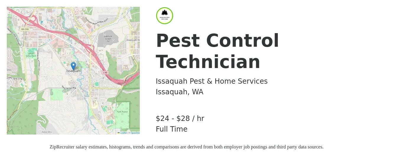 Issaquah Pest & Home Services job posting for a Pest Control Technician in Issaquah, WA with a salary of $25 to $30 Hourly with a map of Issaquah location.