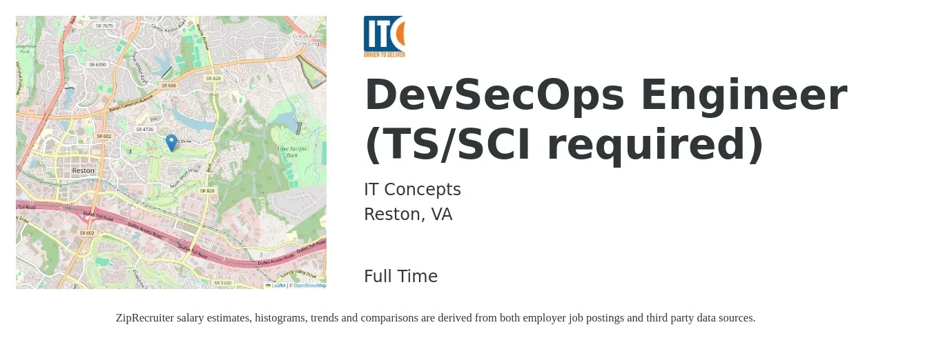 IT Concepts job posting for a DevSecOps Engineer (TS/SCI required) in Reston, VA with a salary of $55 to $75 Hourly with a map of Reston location.