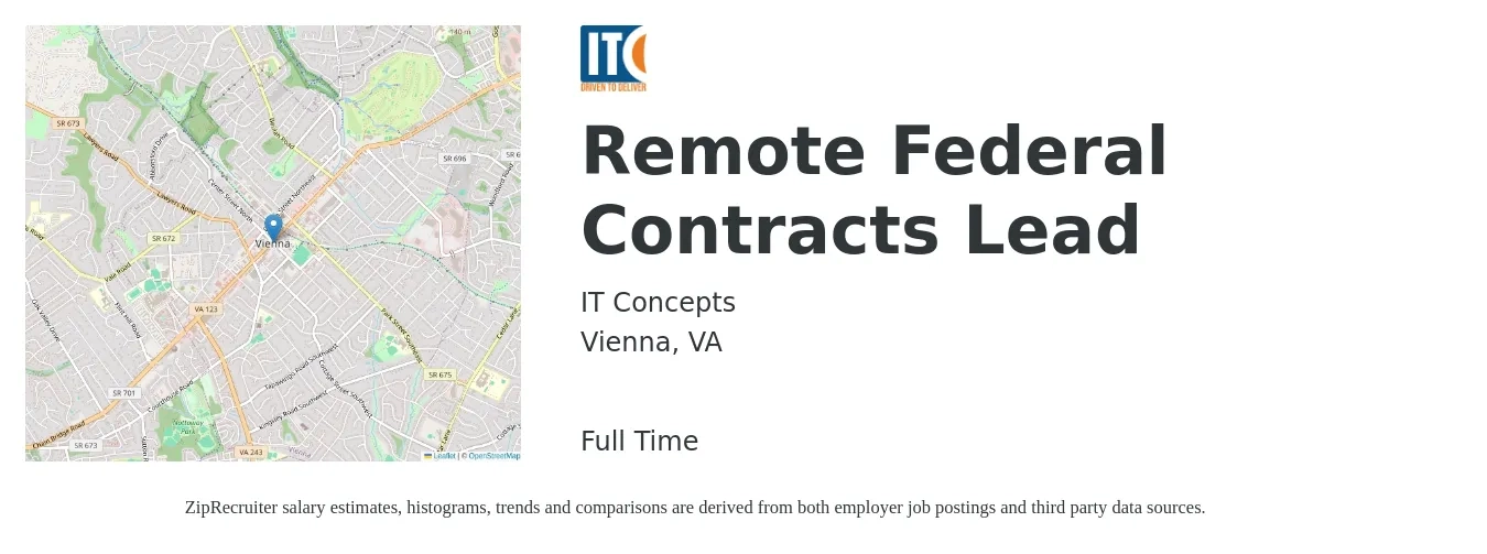IT Concepts job posting for a Remote Federal Contracts Lead in Vienna, VA with a salary of $89,300 to $119,400 Yearly with a map of Vienna location.