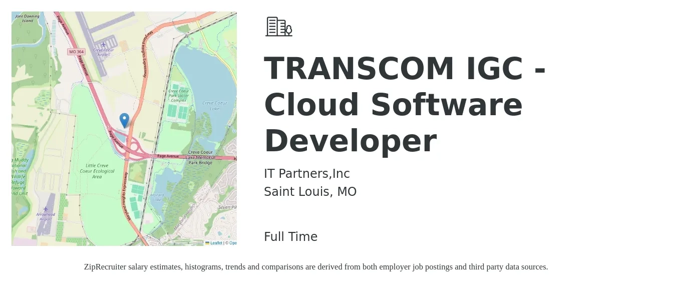 IT Partners,Inc job posting for a TRANSCOM IGC - Cloud Software Developer in Saint Louis, MO with a salary of $87,500 to $126,400 Yearly with a map of Saint Louis location.