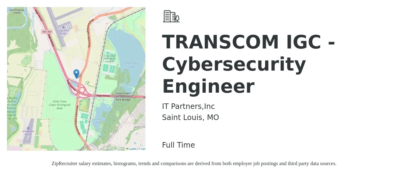 IT Partners,Inc job posting for a TRANSCOM IGC - Cybersecurity Engineer in Saint Louis, MO with a salary of $99,200 to $138,100 Yearly with a map of Saint Louis location.