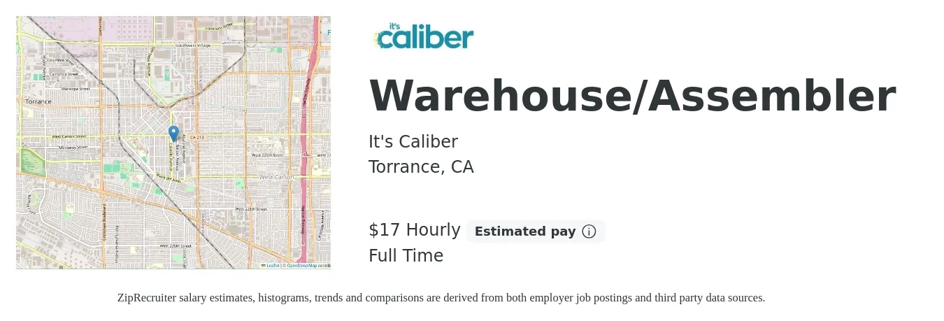 It's Caliber job posting for a Warehouse/Assembler in Torrance, CA with a salary of $18 Hourly with a map of Torrance location.