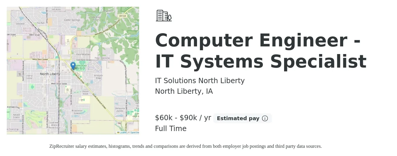 IT Solutions North Liberty job posting for a Computer Engineer - IT Systems Specialist in North Liberty, IA with a salary of $60,000 to $90,000 Yearly with a map of North Liberty location.
