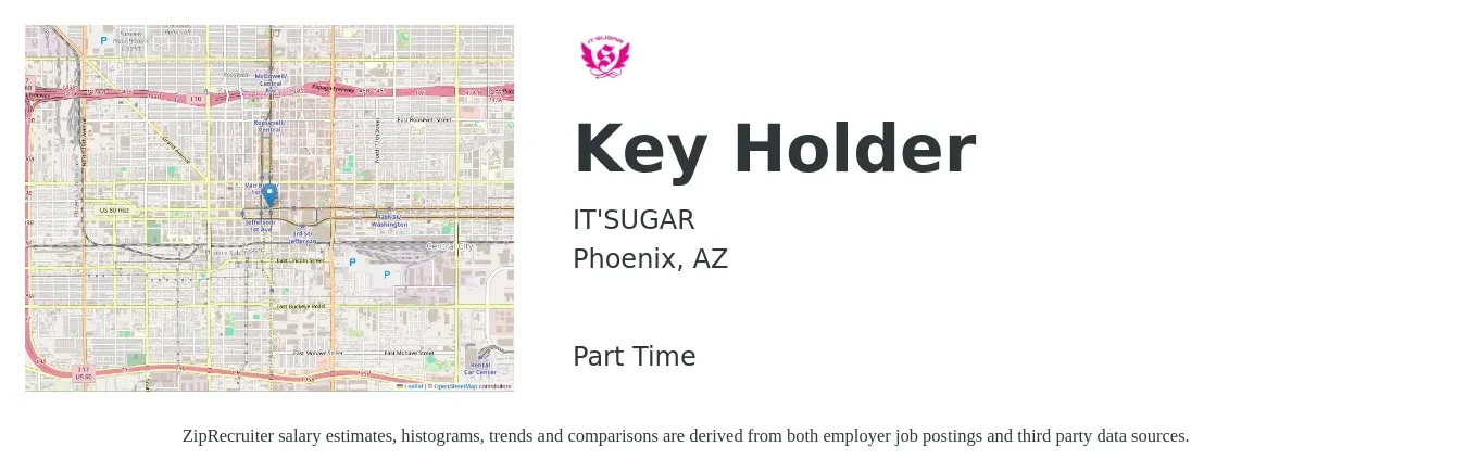 IT'SUGAR job posting for a Key Holder in Phoenix, AZ with a salary of $14 to $18 Hourly with a map of Phoenix location.