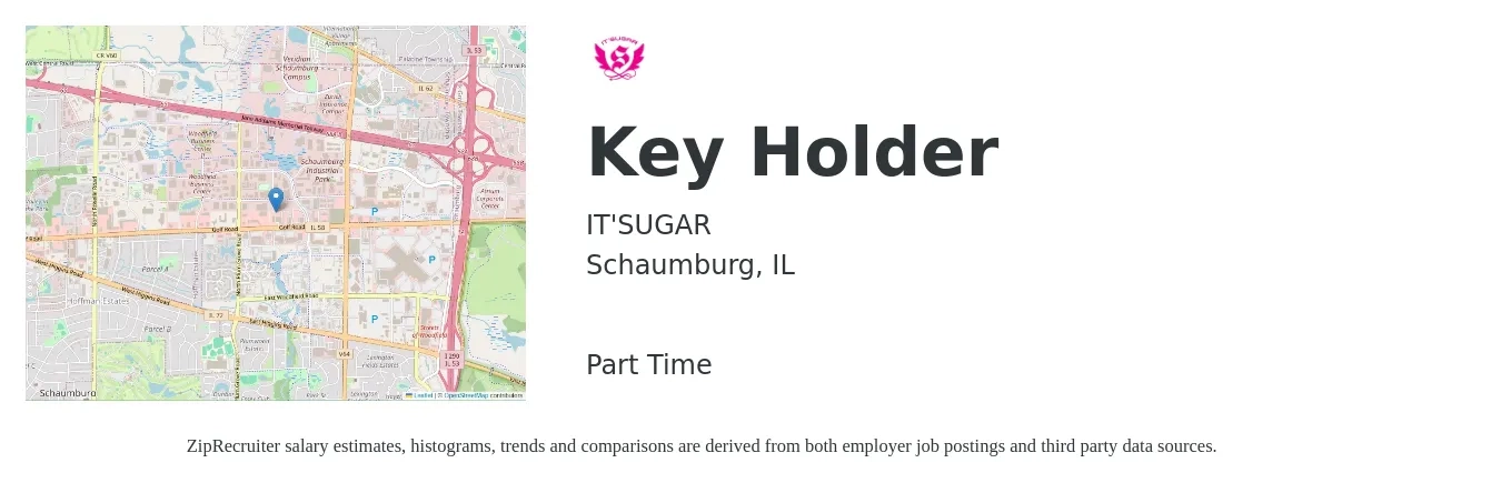 IT'SUGAR job posting for a Key Holder in Schaumburg, IL with a salary of $14 to $17 Hourly with a map of Schaumburg location.