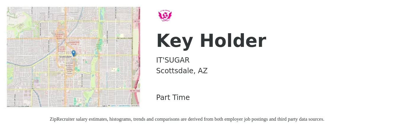 IT'SUGAR job posting for a Key Holder in Scottsdale, AZ with a salary of $14 to $18 Hourly with a map of Scottsdale location.