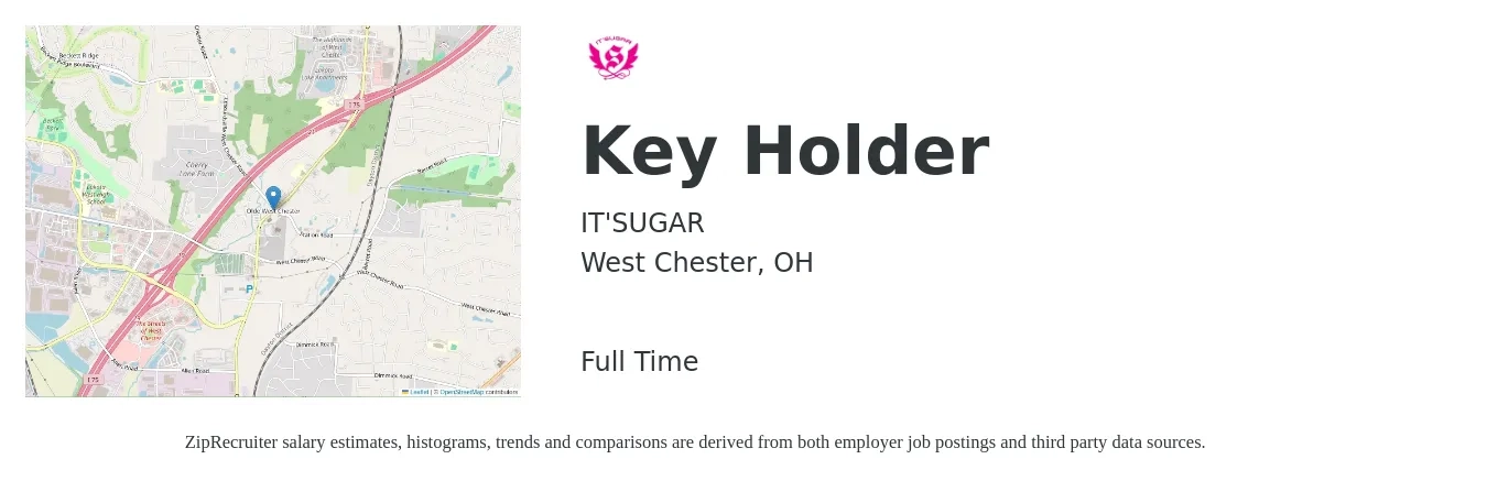 IT'SUGAR job posting for a Key Holder in West Chester, OH with a salary of $13 to $16 Hourly with a map of West Chester location.