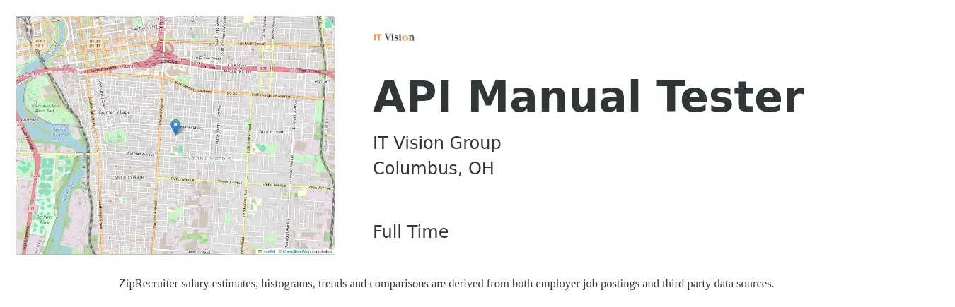 IT Vision Group job posting for a API Manual Tester in Columbus, OH with a salary of $34 to $49 Hourly with a map of Columbus location.