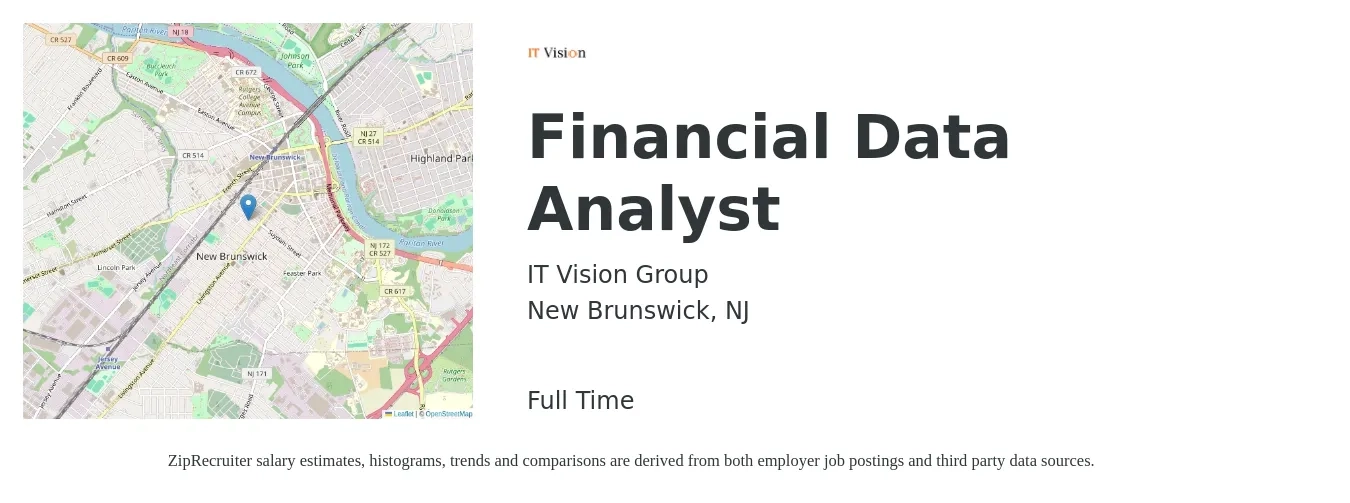 IT Vision Group job posting for a Financial Data Analyst in New Brunswick, NJ with a salary of $65,500 to $103,700 Yearly with a map of New Brunswick location.