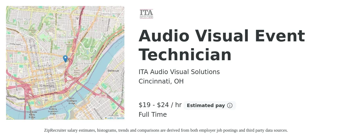 ITA Audio Visual Solutions job posting for a Audio Visual Event Technician in Cincinnati, OH with a salary of $20 to $25 Hourly with a map of Cincinnati location.