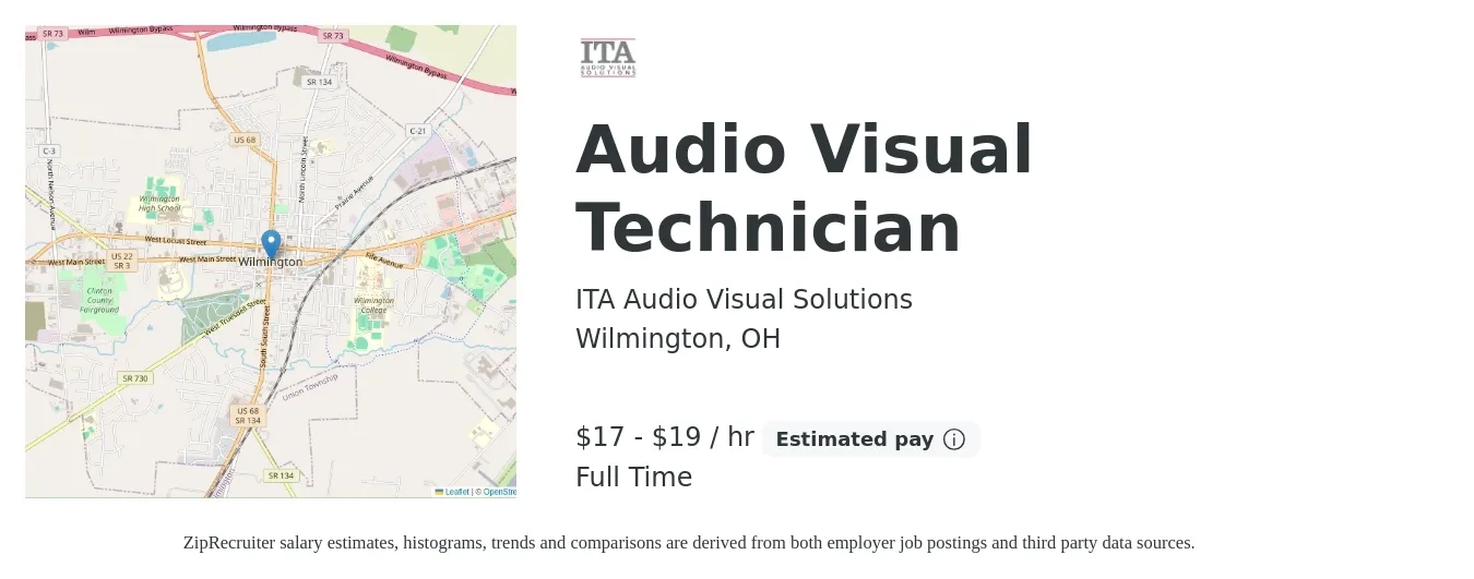 ITA Audio Visual Solutions job posting for a Audio Visual Technician in Wilmington, OH with a salary of $18 to $20 Hourly with a map of Wilmington location.