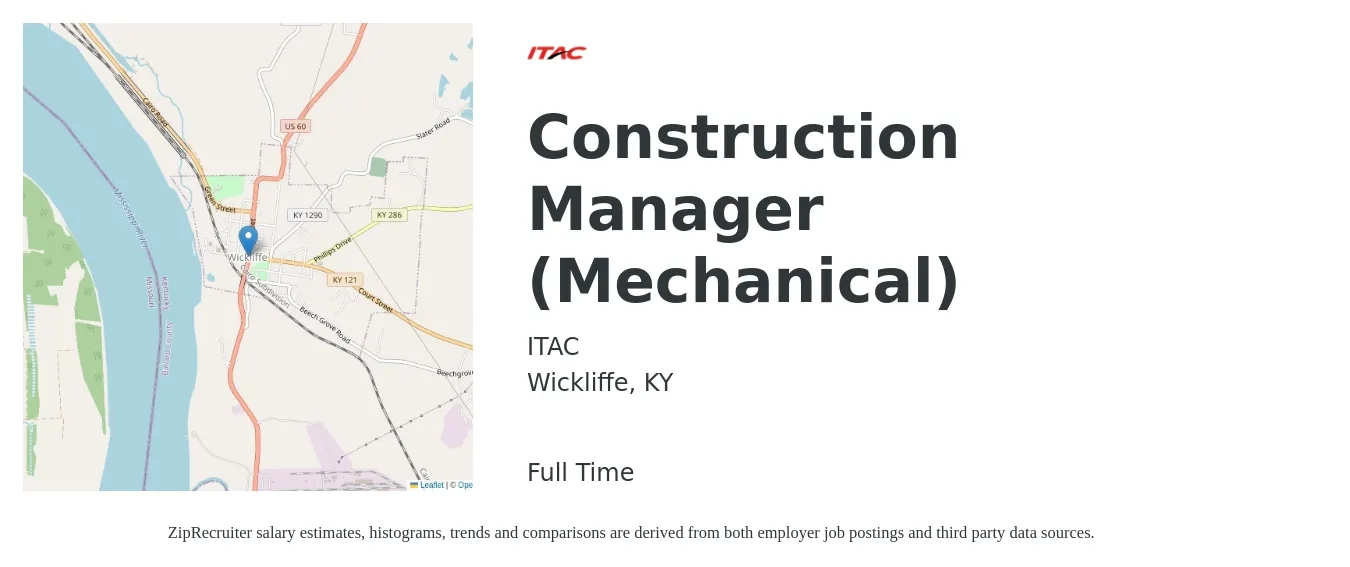ITAC job posting for a Construction Manager (Mechanical) in Wickliffe, KY with a salary of $63,800 to $105,400 Yearly with a map of Wickliffe location.