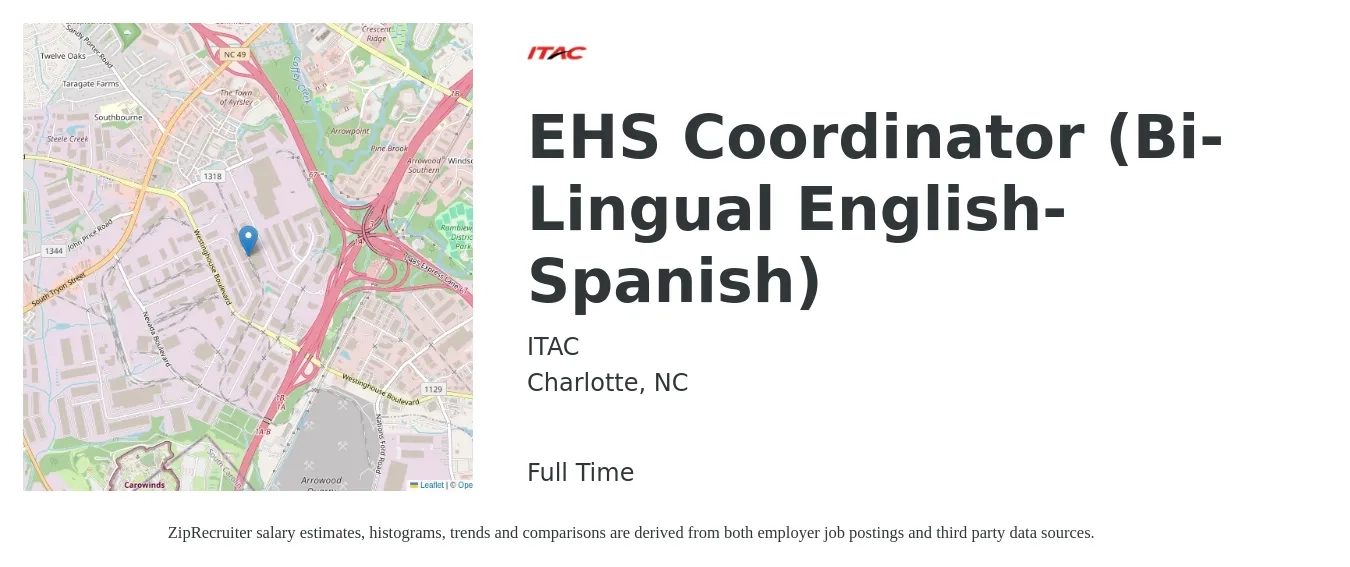 ITAC job posting for a EHS Coordinator (Bi-Lingual English-Spanish) in Charlotte, NC with a salary of $26 to $36 Hourly with a map of Charlotte location.