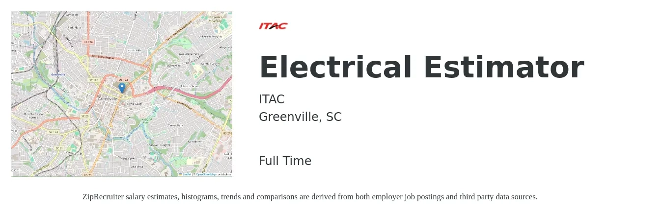 ITAC job posting for a Electrical Estimator in Greenville, SC with a salary of $70,500 to $106,300 Yearly with a map of Greenville location.