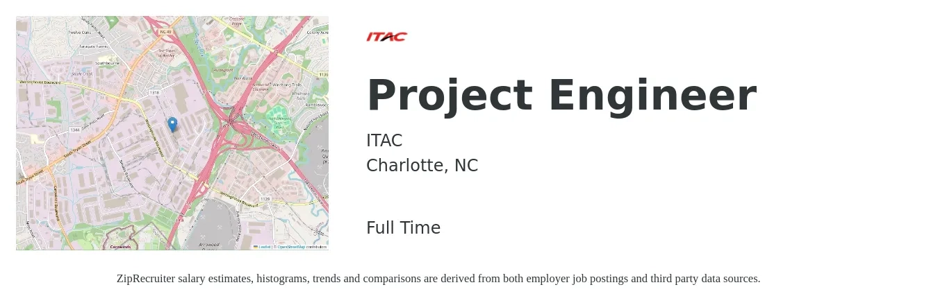 ITAC job posting for a Project Engineer in Charlotte, NC with a salary of $72,300 to $101,100 Yearly with a map of Charlotte location.